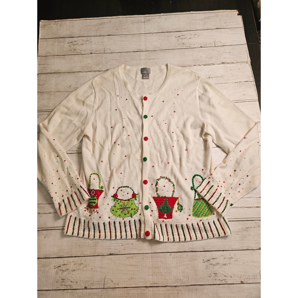 Berek Christmas Cardigan Sweater XL White Beaded Holiday Handbags Embroidery